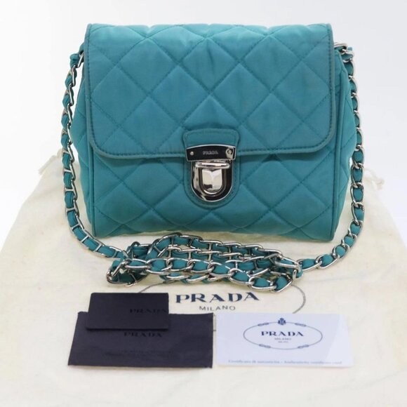 PRADA Chain Shoulder Bag Nylon Turquoise Blue Auth - Picture 1 of 16